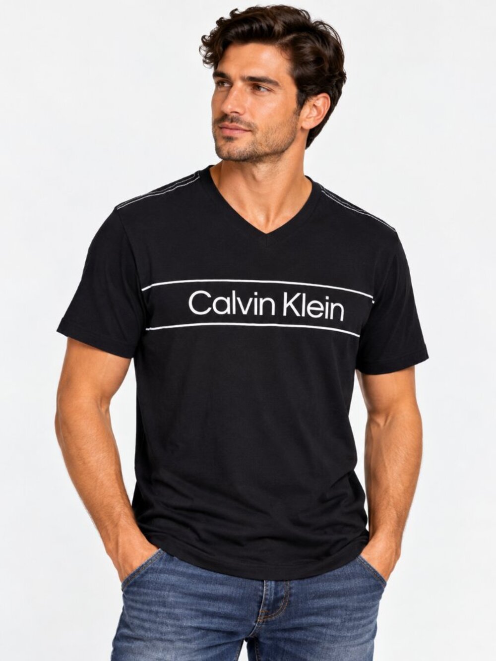 Calvin Klein Men’s Black V-Neck Logo Graphic T-Shirt 100% Cotton Size M